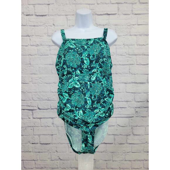 10R GREEN A392812 Denim & Co. Beach Square Neck One-Piece - Picture 1 of 2